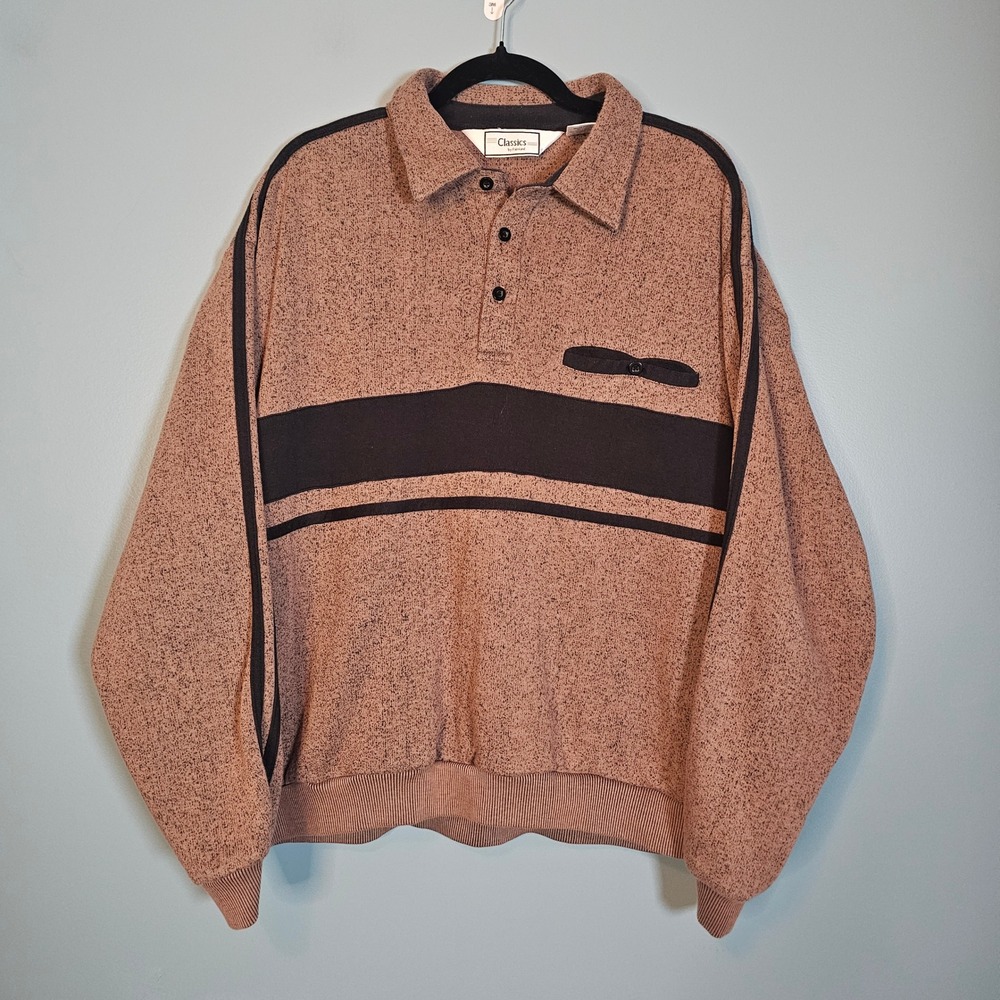 Classics by PalmLand Men's XXL Brown Heathered Polo Long Sleeve Shirt Pocket